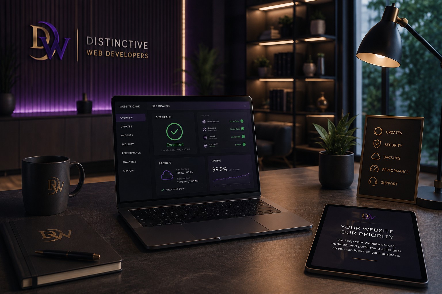 Professional website maintenance dashboard with updates, backups, security, performance, and support